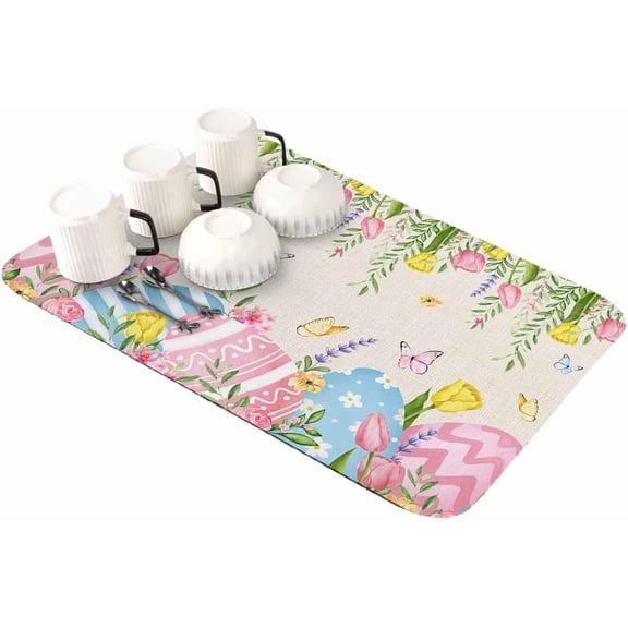Spring Easter Dish Drying Mat for Kitchen Counter, Super Absorbent Quick Dry Coffee Bar Mat Pad Thin Diatomaceous Sink Mat Non Slip Dish Drainer Mat 23.5x15.5 Rustic Floral Botanical Easter Eggs