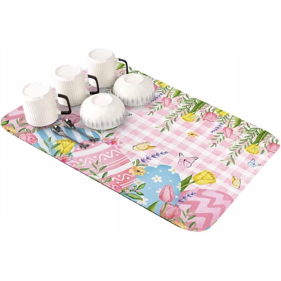 Spring Easter Dish Drying Mat for Kitchen Counter, Super Absorbent Quick Dry Coffee Bar Mat Pad Thin Diatomaceous Sink Mat Non Slip Dish Drainer Mat 23.5x15.5 Pink Plaid Floral Botanical Easter Eggs