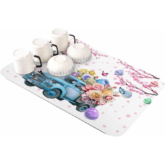 Spring Easter Dish Drying Mat for Kitchen Counter, Super Absorbent Quick Dry Coffee Bar Mat Pad Thin Diatomaceous Sink Mat Non Slip Dish Drainer Mat 23.5x15.5 Easter Eggs Tree Floral Blue Truck