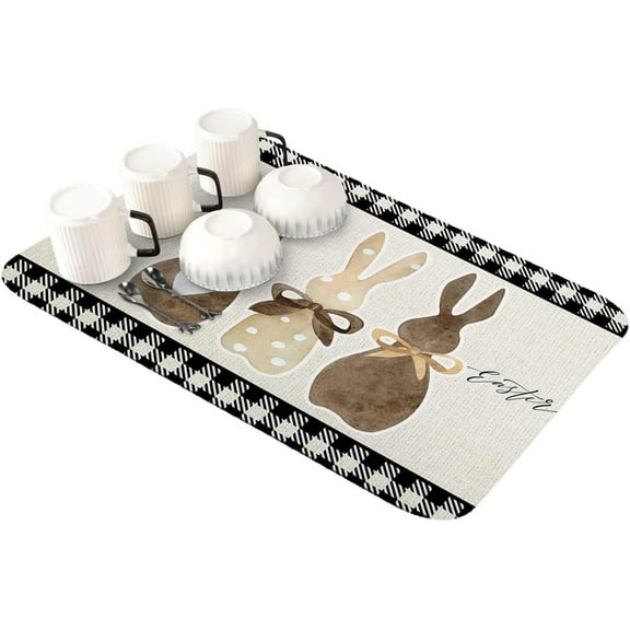 Spring Easter Dish Drying Mat for Kitchen Counter, Super Absorbent Quick Dry Coffee Bar Mat Pad Thin Diatomaceous Sink Mat Non Slip Dish Drainer Mat 23.5x15.5 Brown Beige Bunny Black White Plaid