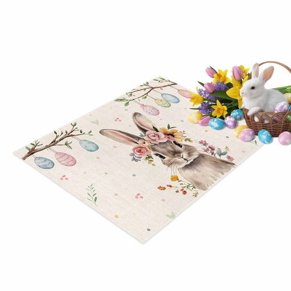 Spring Easter Door Mat Bunny Cute Rabbit Colorful Eggs Floral Retro Non Slip Absorbent Entrance Mat Washable Low Profile Indoor Doormat for Front Door Entryway Entry 16"x24"