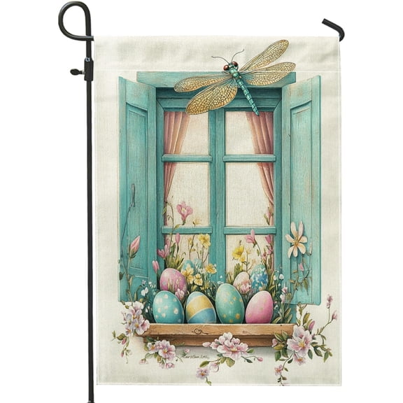 Spring Easter Dragonflies Garden Flag 12x18 Inch Double Sided Floral Eggs Burlap Lawn Flag for Outdoor Backyard House Decor