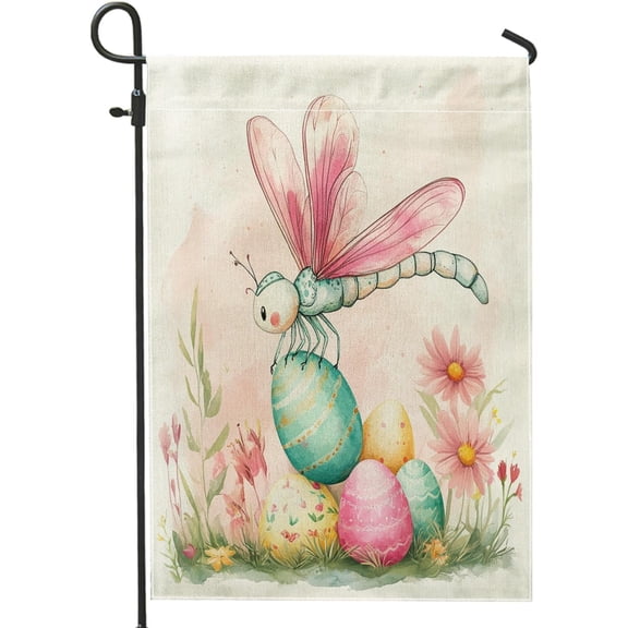 Spring Easter Dragonflies Garden Flag, Cute Floral Eggs Pattern, Standard Linen House Flag, 12 x 18 Inch, Outdoor Front Yard Backyard Lawn Decor