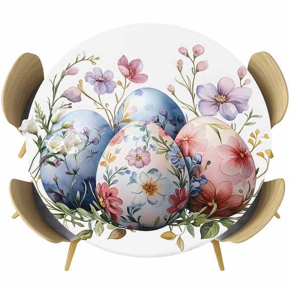 Spring Easter Egg Round Tablecloth 36-44 Inch Round Fitted Table Cloth with Elastic Edge, Blue Pink Flower Botanical Floral Leaf Waterproof Table Cover Protector for Outdoor Picnic Party Dining