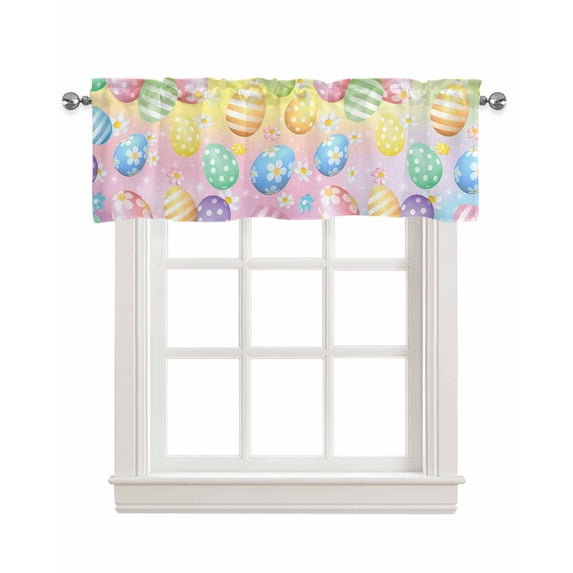 Spring Easter Eggs Linen Curtain Valance for Bedroom/Bathroom/Kitchen/Office/Living/Dining Room Windows,Watercolor Rainbow Flower Holiday Rod Pocket Topper Drapes Decorative Cafe Drapery Panel 42x12
