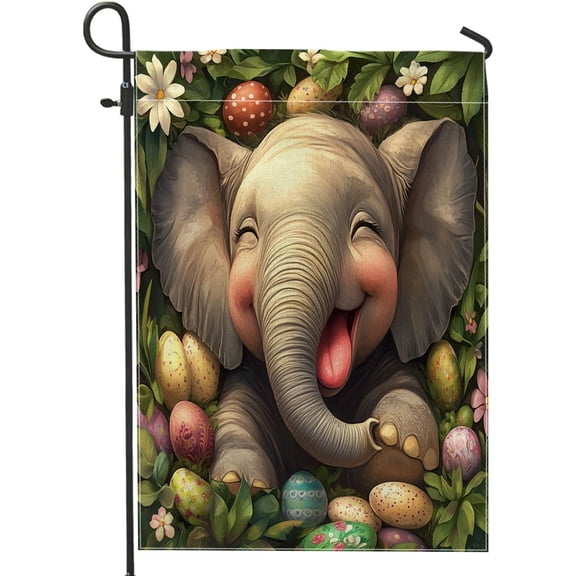 Spring Easter Elephant Wildlife Garden Flags 12x18 Inch Double Sided for Outside, Forest Wild Animal Eggs Standard Canvas Outdoor Flags, Landscape Front Yard Backyard Lawn Decoration