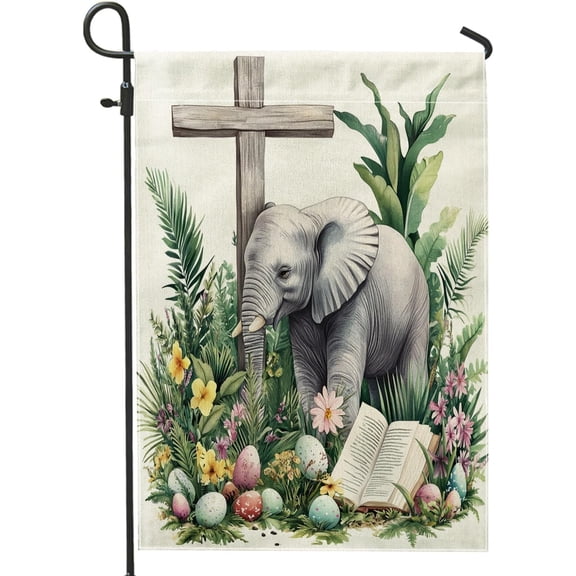 Spring Easter Elephant Wildlife Garden Flags 12x18 Inch Double Sided for Outside, Fun Wild Animal Cross Eggs Standard Vertical Canvas House Flags, Holiday Front Yard Backyard Lawn Flags