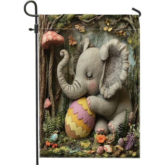 Spring Easter Elephant Wildlife Garden Flags 12x18 Inch for Outside, Wool Felt Style Animal Eggs Standard Vertical Linen Flags, Forest Print Front Yard Backyard Lawn Outdoor Decoration