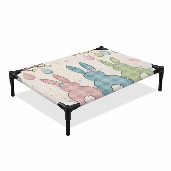 Spring Easter Elevated Dog Bed, Eggs Bunny Blue Pink Green Plaid Dots Retro Cooling Breathable Outdoor Raised Dog Cot Bed with Metal Frame Non-Slip Feet for Large Dog 28x22in