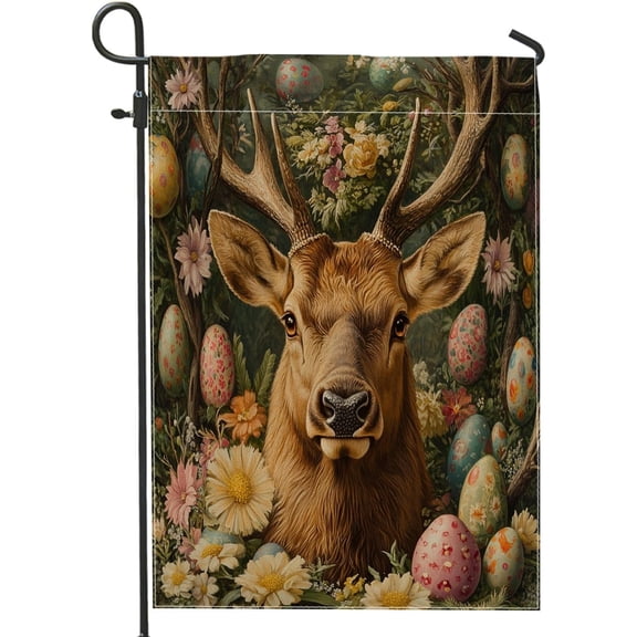 Spring Easter Elk Deer Wildlife Garden Flags 12x18 Inch Double Sided for Outside, Vintage Aesthetic Animal Eggs Standard Vertical Canvas House Flags, Scenic Front Yard Backyard Lawn Flags