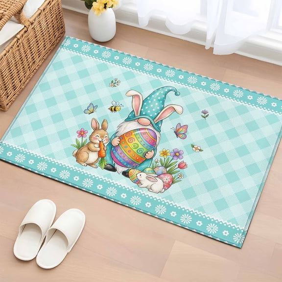 Spring Easter Entryway Rug 2'x3'&nbsp; Non Slip Front Door Mats, Cute Rabbits Gnomes Eggs Bees Flowers Blue Green Entrance Rugs Indoor Outdoor Carpet, Floor Mats Small Area Rug for Bedroom Kitchen