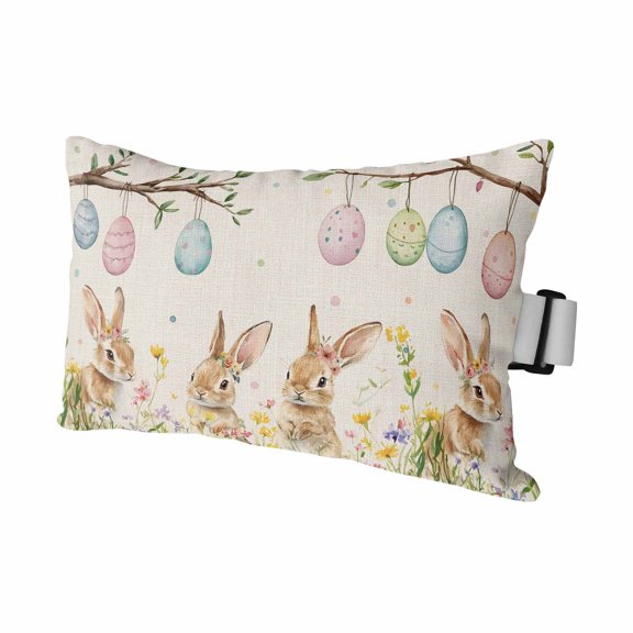 Spring Easter Farm Rabbit Egg Outdoor Pillow for Chaise Lounge Chair,Rustic Flower Tree on Linen Waterproof Headrest Lumbar Pillows with Insert&Elastic Strap for Patio Pool Garden Chairs Decor,1 Pack