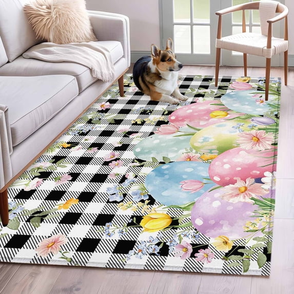 Spring Easter Flowers Area Rugs 4'x6', Washable Small Throw Rugs for Office Bathroom, Farmhouse Floral Black Buffalo Plaid Indoor Outdoor Rug Non-Slip Low Pile Carpet Runner Reversible Floor Mats