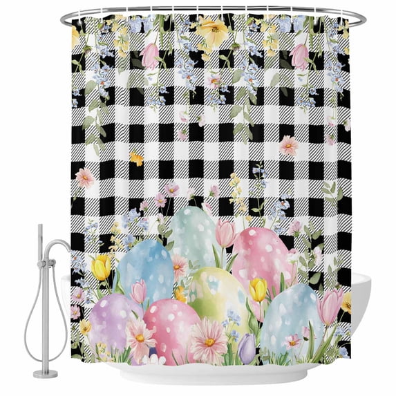 Spring Easter Flowers Shower Curtain, Waterproof Shower Curtains for Bathroom, Farmhouse Floral Black Buffalo Plaid Washable Fabric Bathtub Curtain Set Bath Decor with 12 Hooks 72"x78"