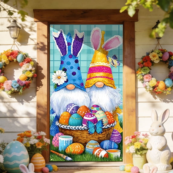 Spring Easter Front Door Decorative Gnome Wreath Hanging Ornament Door Cover, Gray Rabbit & Floral Garden Door Banner Backdrop, 35 x 71 inch Holiday Welcome Decoration Seasonal Supplies