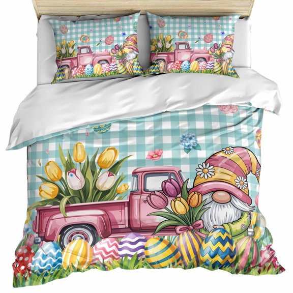 Spring Easter Gnomes Bedding 3 Piece Duvet Cover Set Twin Size, Truck Colorful Eggs Botanical Blue Plaid Microfiber Comforter Cover with Zipper Closure & Pillowcases, FadeResistant Quilt Cover