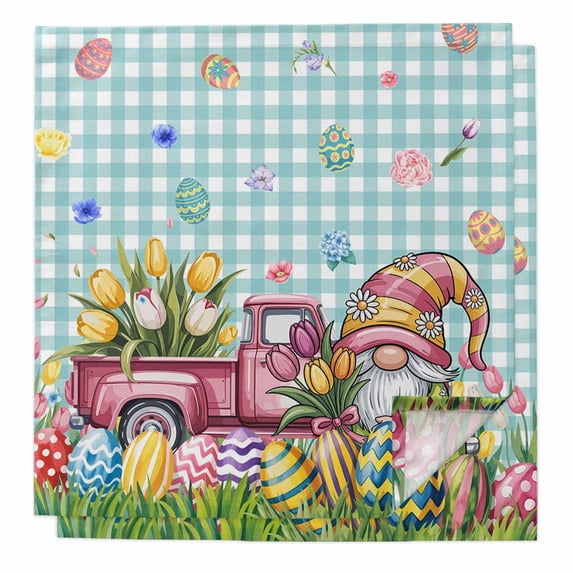 Spring Easter Gnomes Cloth Napkins, Truck Colorful Eggs Botanical Blue Plaid Washable and Reusable Dinner Napkins Set of 2, Table Napkin for Kitchen Party Birthday Wedding Hotel Housewarming 20"x20"