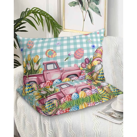 Spring Easter Gnomes King Pillow Cases Set of 2 - Microfiber Bed Throw Pillow Covers, Truck Colorful Eggs Botanical Blue Plaid Decorative Lumbar Pillow Cover with Envelope Closure for Sofa 20"x36"