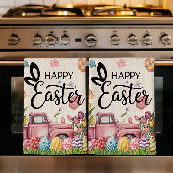 Spring Easter Gnomes Kitchen Towels Set of 2, Red Truck Colorful Eggs Botanical Absorbent Dish Towels for Kitchen, Microfiber Hand Towel, Quick Drying Tea Towel for Cleaning Decorative Dishcloths