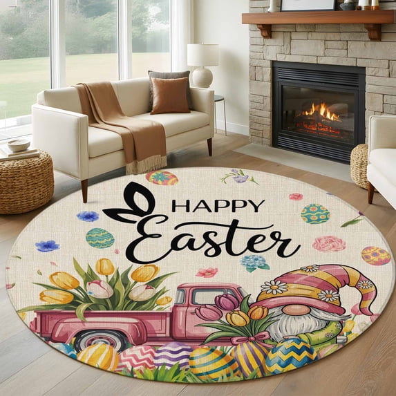 Spring Easter Gnomes Round Area Rug 8Ft Washable Large Circle Rugs for Living Room Dorm, Red Truck Colorful Eggs Botanical Non-Slip Carpet Floor Mats Indoor Outdoor Carpet Runner Aesthetic Home Decor