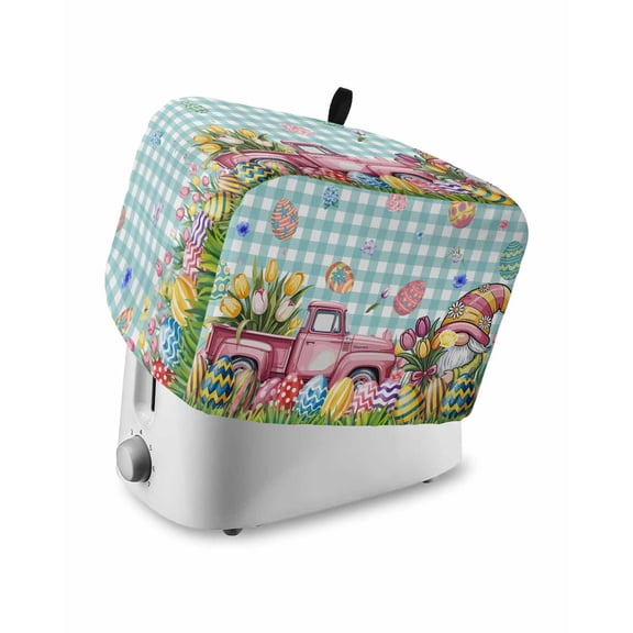 Spring Easter Gnomes Toaster Cover 4 Slice, Large Kitchen Appliance Covers, Truck Colorful Eggs Botanical Blue Plaid Toaster Oven Cover with Loop, Bread Machine Cover Polyester Dust Cover Protection