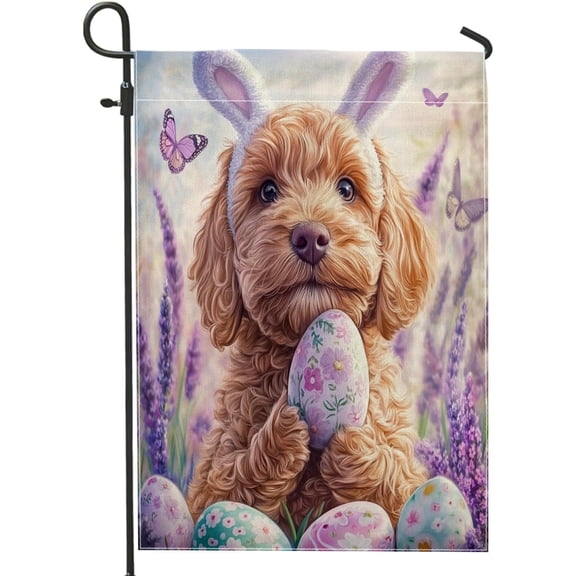 Spring Easter Golden Doodle Dog Garden Flags 12x18 Double Sided for Outside Decorative, Cute Lavender Eggs Pattern FrontYard House Flag, Pet Outdoor Small Backyard Lawn Flag