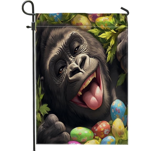 Spring Easter Gorilla Wildlife Garden Flags 12x18 Inch Double Sided for Outside, Forest Wild Animal Eggs Standard Canvas Outdoor Flags, Landscape Front Yard Backyard Lawn Decoration