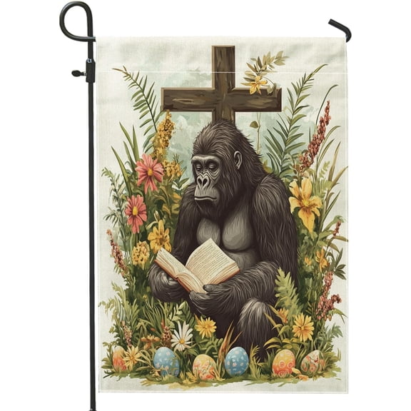 Spring Easter Gorilla Wildlife Garden Flags 12x18 Inch Double Sided for Outside, Fun Wild Animal Cross Eggs Standard Vertical Canvas House Flags, Holiday Front Yard Backyard Lawn Flags