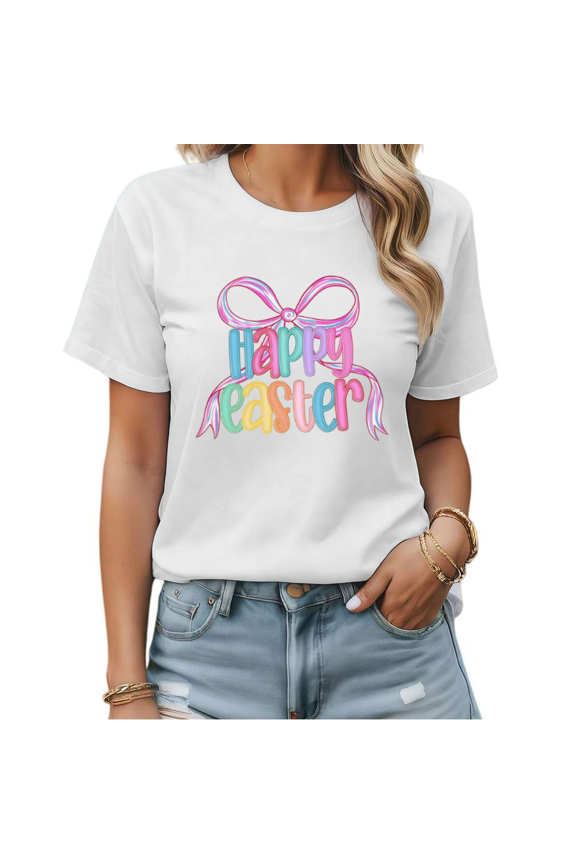 Spring Easter Happy Easter Bow Graphic Tees Womans Tshirt Shirts Black White S-5XL Tops
