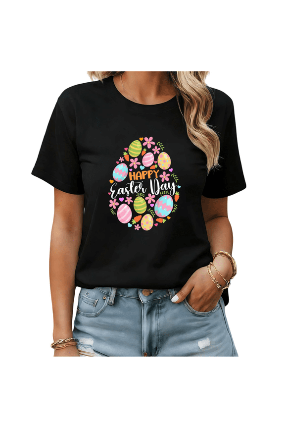 Spring Easter Happy Easter Day Eggs Graphic Tees Womans Tshirt Shirts Black White S-5XL Tops