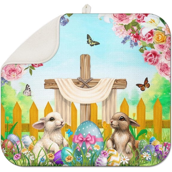 Spring Easter He Is Risen Dish Drying Mat for Kitchen Counter 16x18 Inch Easter Eggs Bunny Absorbent Dish Mats Rabbit Kitchen Drainer Rack Pad Decor