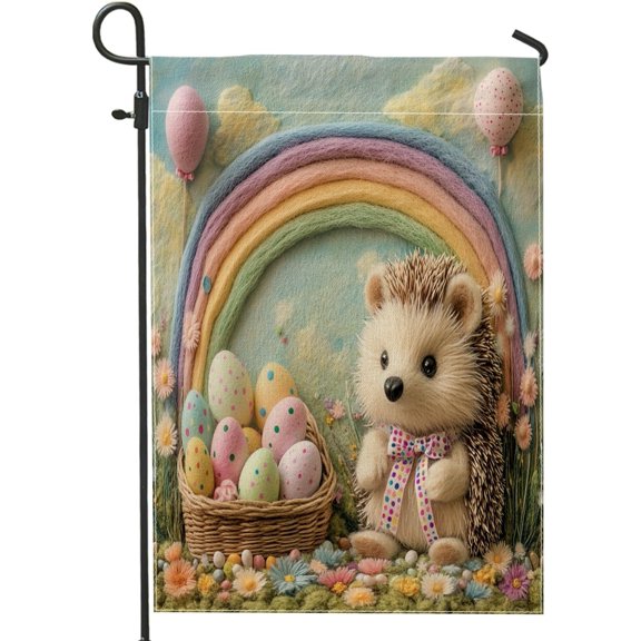 Spring Easter Hedgehog Garden Flags 12x18 Inch Double Sided for Outside, Wool Felt Eggs Animal Standard Canvas Outdoor Flags, Farmhouse Country Front Yard Backyard Lawn Decoration