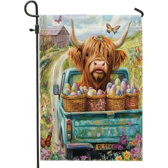Spring Easter Highland Cow Garden Flags 12x18 Inch Double Sided for Outside, Farmhouse Truck Eggs Animal Pattern Standard Canvas House Flags, Country Farm Front Yard Backyard Lawn Flag
