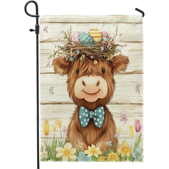 Spring Easter Highland Cow Garden Flags 12x18 Inch for Outside, Rustic Country Animal Standard Vertical Linen Flags, Farmhouse Wooden Print Front Yard Backyard Lawn Outdoor Decoration