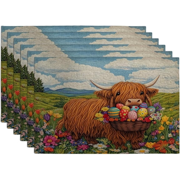 Spring Easter Highland Cow Placemats Set of 6, 12 * 18, Quilted Wildflower Animal 4Pcs Table Mats for Home Dinning, Country Farm Holiday Party Kitchen Decoration