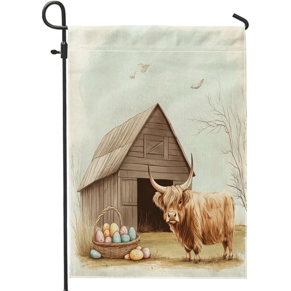 Spring Easter Highland Cows Garden Flags 12x18 Inch Double Sided for Outside, Farmhouse Barn Eggs Pattern Standard Canvas House Flags, Country Front Yard Backyard Lawn Flags