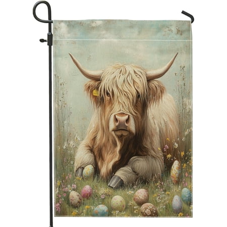 Spring Easter Highland Cows Garden Flags 12x18 Inch for Outside, Floral Field Eggs Pattern Standard Linen House Flags, Country Front Yard Backyard Lawn Flags Outdoor Decor