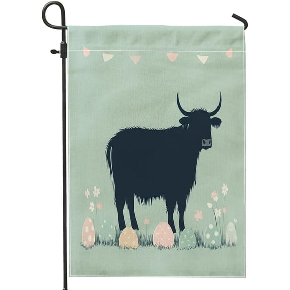 Spring Easter Highland Cows Garden Flags 12x18 Inch for Outside, Modern Minimalist Eggs Pattern Standard Linen House Flags, Floral Front Yard Backyard Lawn Flags Outdoor Decor