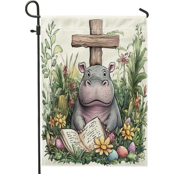 Spring Easter Hippo Wildlife Garden Flags 12x18 Inch Double Sided for Outside, Fun Wild Animal Cross Eggs Standard Vertical Canvas House Flags, Holiday Front Yard Backyard Lawn Flags