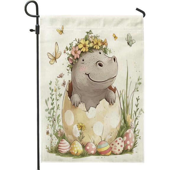 Spring Easter Hippo Wildlife Garden Flags 12x18 Inch Double Sided for Outside, Fun Wild Animal Groovy Eggs Pattern Standard Canvas House Flags, Holiday Front Yard Backyard Lawn Flag