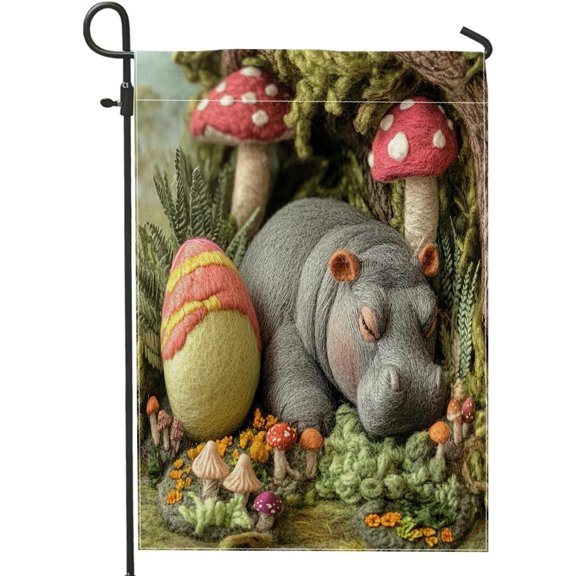 Spring Easter Hippo Wildlife Garden Flags 12x18 Inch for Outside, Wool Felt Style Animal Eggs Standard Vertical Linen Flags, Forest Print Front Yard Backyard Lawn Outdoor Decoration