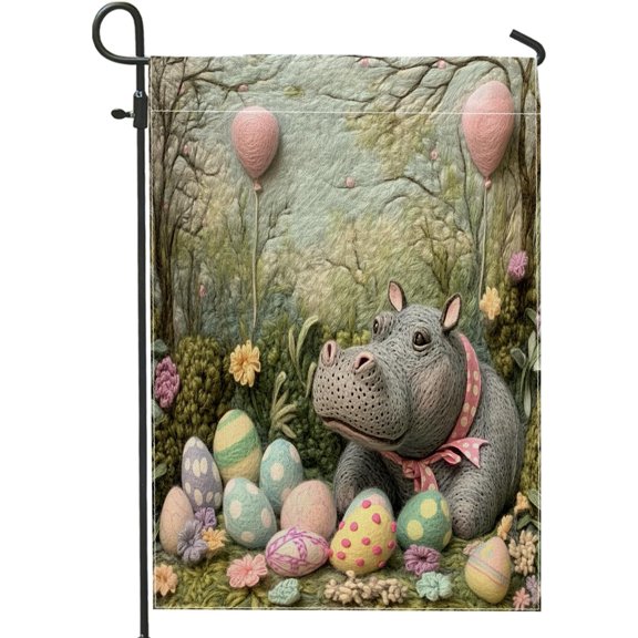 Spring Easter Hippo Wildlife Garden Flags 12x18 Inch for Outside, Wool Felt Style Animal Eggs Standard Vertical Linen Flags, Holiday Print Front Yard Backyard Lawn Outdoor Decoration
