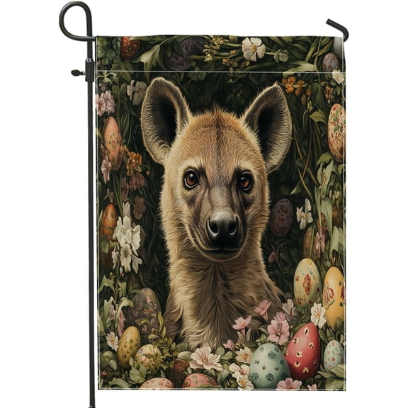 Spring Easter Hyena Wildlife Garden Flags 12x18 Inch Double Sided for Outside, Vintage Aesthetic Animal Eggs Standard Vertical Canvas House Flags, Scenic Front Yard Backyard Lawn Flags