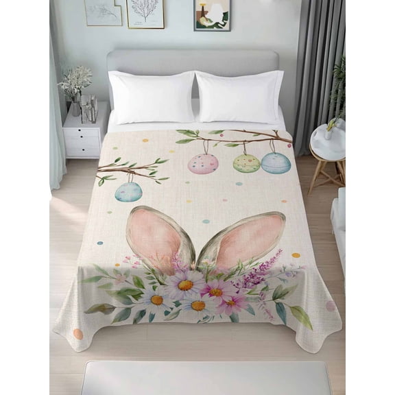 Spring Easter King Size Flat Sheet, Wrinkleproof & Fadeproof Cooling Flat Bed Sheet Only, Bunny Ears Colorful Eggs Botanical Rustic Breathable Soft Bedding Top Sheets 105 x 98 Inches