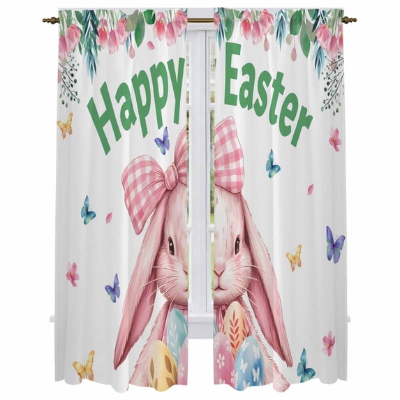 Spring Easter Kitchen Curtain for Berdoom Living Room Cafe 72 Inch Length, Pink Cute Rabbits Flowers Eggs Butterflies Plants Tiers Curtains Light Filtering Drapes Window Treatment 2 Panels 52"Wx72"L