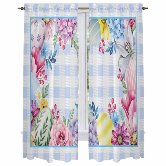 Spring Easter Kitchen Curtain for Berdoom Living Room Cafe 72 Inch Length, Watercolor Flower Eggs Berry Leaf Blue Plaid Tiers Curtains Light Filtering Drapes Window Treatment 2 Panels 52"Wx72"L