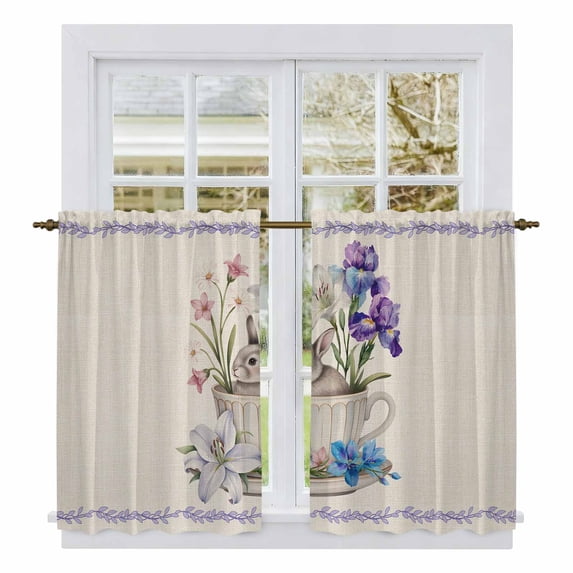 Spring Easter Kitchen Curtains 45 Inch Length, Retro Rabbit Cup Botanical Purple Leaves Tiers Curtains for Bathroom Bedroom Cafe, Light Filtering Small Window Treatment Drapes 2 Panels 42"Wx45"L