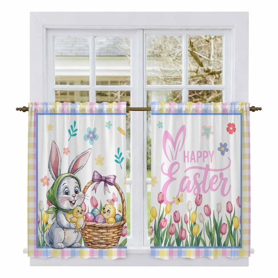 Spring Easter Kitchen Curtains 54 Inch Length, Watercolor Pink Yellow Bunny Tulip Eggs Plaid Tiers Curtains for Bathroom Bedroom Cafe, Light Filtering Small Window Treatment Drapes 2 Panels 42"Wx54"L