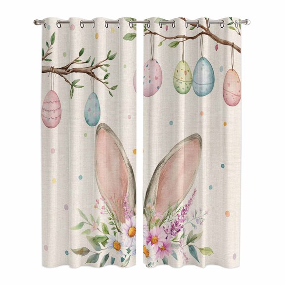 Spring Easter Kitchen Curtains 84 Inch Length, Bunny Ears Colorful Eggs Botanical Rustic Grommet Top Bedroom Living Room Curtains, Light Filtering Cafe Curtain Drapes 2 Panels Set 84''x84''