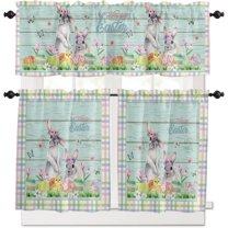 Spring Easter Kitchen Curtains Set Small Half Curtains 24 Inches Length, Bunny Easter Eggs Colorful Plaid Green Wood Rod Pocket Window Treatment Bedroom Tiers and Valance Set for Cafe Bathroom